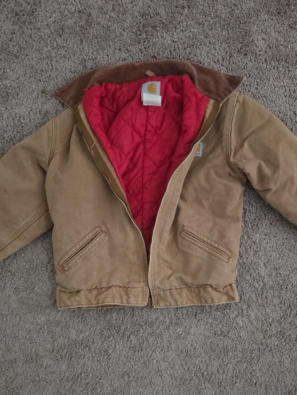 Carhartt Kids Tan Canvas Puffer Jacket with Red Quilted Lining